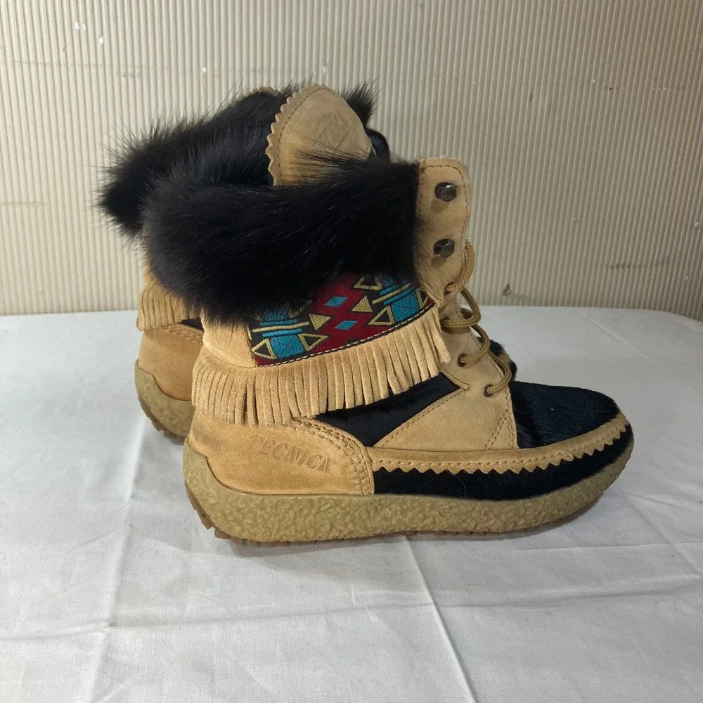 Tecnica Moon Boot Moccasin Suede Pony Hair Fringe Apres Ski Boots Womens 38 7.5